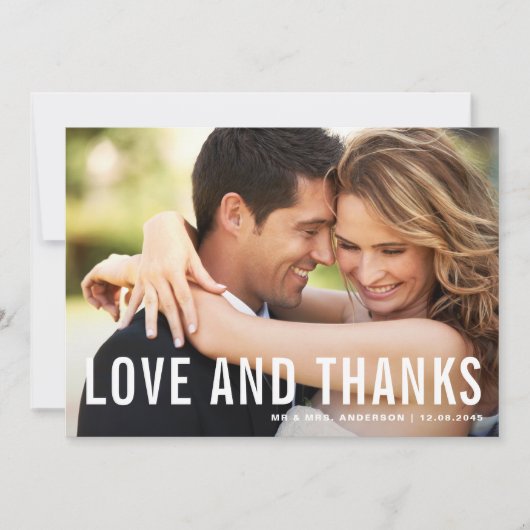 Liebe und Dank | Moderne Typografie-Foto Hochzeit Dankeskarte (Vorderseite)