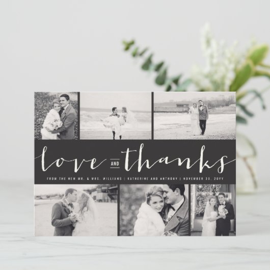 Liebe und dank modernem Script 6 Foto Hochzeit Dankeskarte (Stehend Vorderseite)