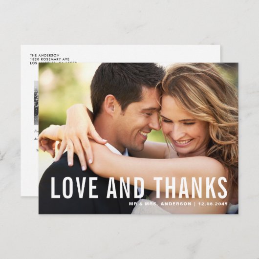 Liebe und Dank moderner Typografie-Foto Hochzeit Postkarte (Vorne/Hinten)