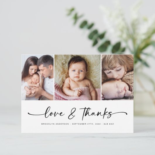 Liebe und Dank | Modernes Drei-Foto-neues Baby Dankeskarte (Stehend Vorderseite)