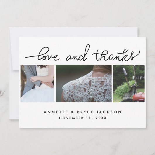 Liebe und Dank Niedlicher Script Hochzeit drei Fot Dankeskarte (Vorderseite)