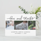 Liebe und Dank Niedlicher Script Hochzeit drei Fot Dankeskarte (Stehend Vorderseite)
