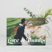 Liebe und Dank Retro Script Foto Hochzeit Dankeskarte (Stehend Vorderseite)