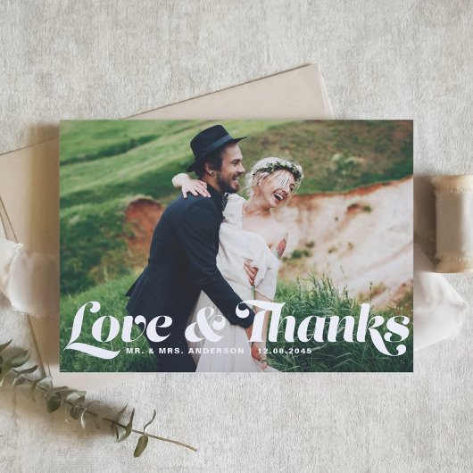Liebe und Dank Retro Script Foto Hochzeit Dankeskarte
