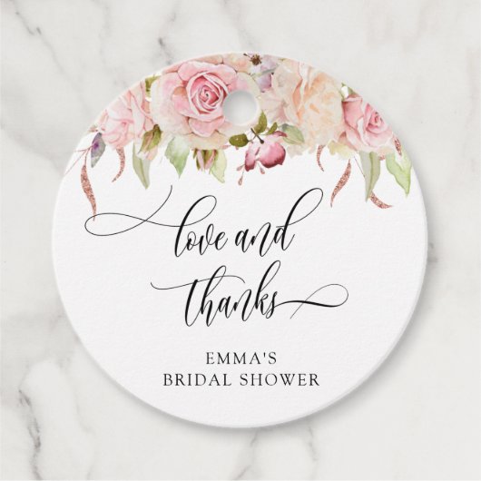 Liebe und Dank, Rosa und Rose Gold Floral Geschenkanhänger (Vorderseite)