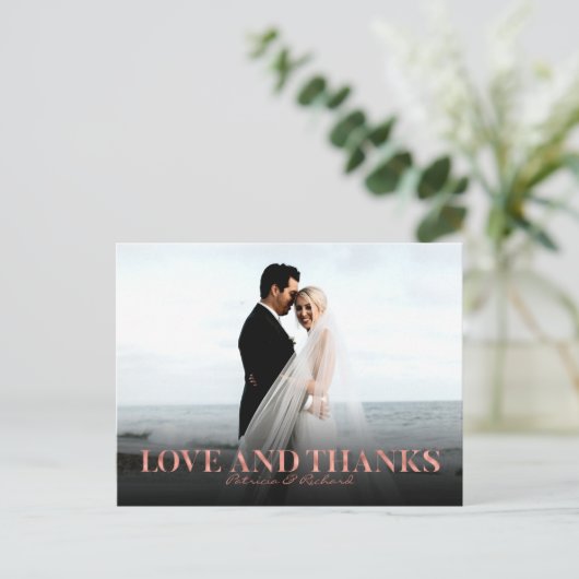 Liebe und Dank Rose Gold Hochzeit Danke Foto Postkarte (Stehend Vorderseite)
