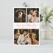 Liebe und Dank Rose Gold Script Hochzeit Foto Dankeskarte (Stehend Vorderseite)