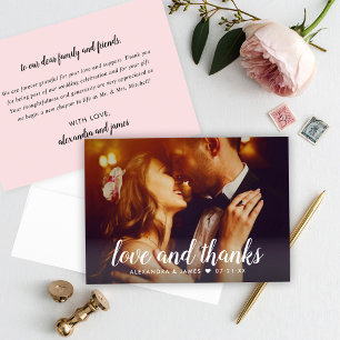 Liebe und Dank Schrift Overlay Hochzeitsfoto Rosa Dankeskarte