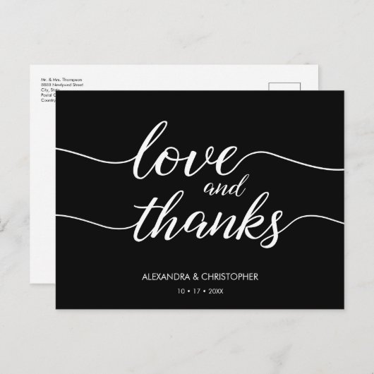 Liebe und Dank Script Black and White Wedding Postkarte (Vorne/Hinten)