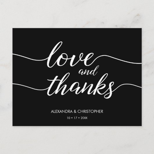 Liebe und Dank Script Black and White Wedding Postkarte (Vorderseite)