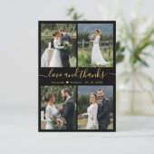 Liebe und dank Script Black Gold Collage Hochzeit Dankeskarte (Stehend Vorderseite)