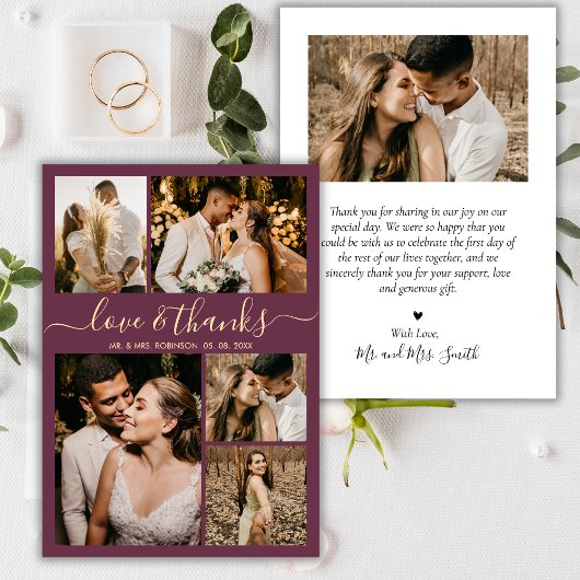 Liebe und dank Script Bordo Foto Collage Hochzeit Dankeskarte
