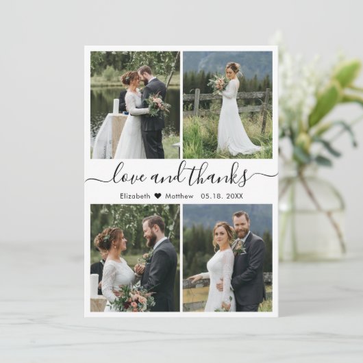 Liebe und dank Script Foto Collage Hochzeit Dankeskarte (Stehend Vorderseite)