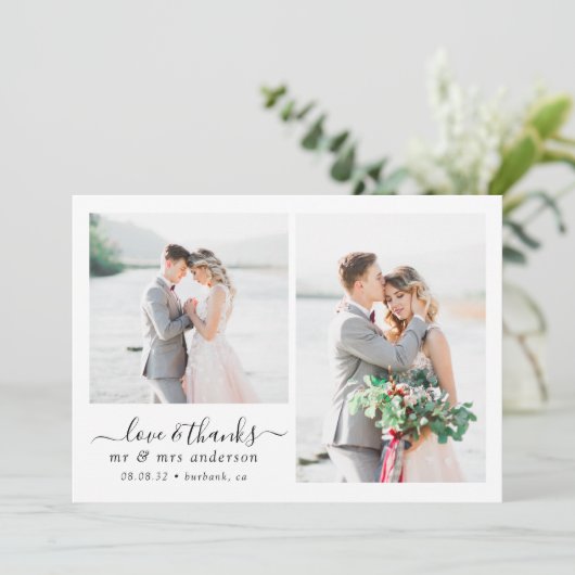 Liebe und Dank Script Foto Hochzeit Dankeskarte (Stehend Vorderseite)