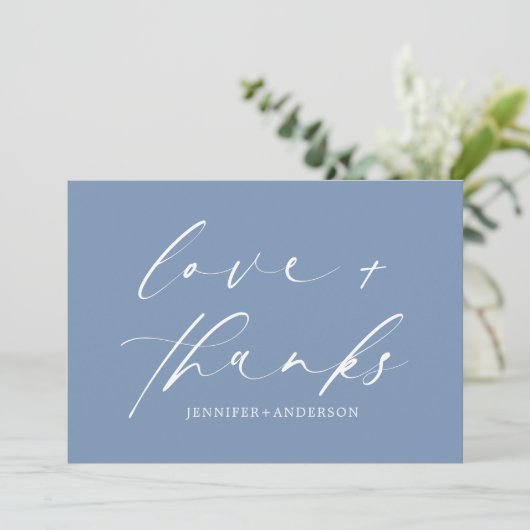 Liebe und dank Script Foto Hochzeit | Dusty Blue Dankeskarte (Stehend Vorderseite)