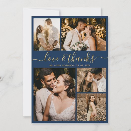 Liebe und dank Script Navy Foto Collage Hochzeit Dankeskarte (Vorderseite)