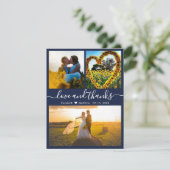 Liebe und Dank Script Navy Hochzeitskampagne Foto Dankeskarte (Stehend Vorderseite)