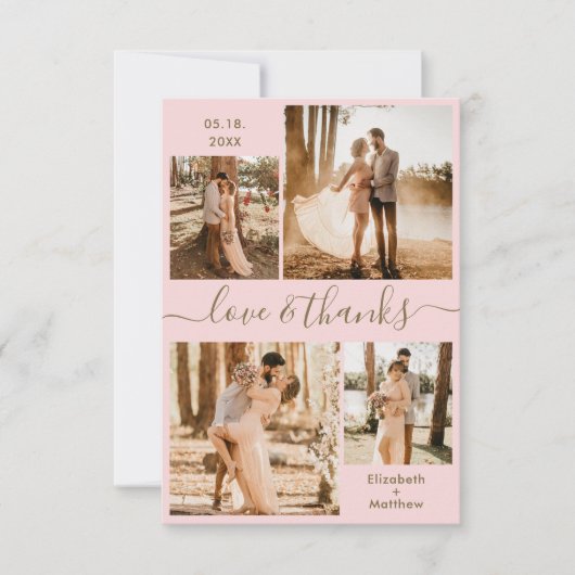 Liebe und dank Script Pink Gold Collage Hochzeit Dankeskarte (Vorderseite)