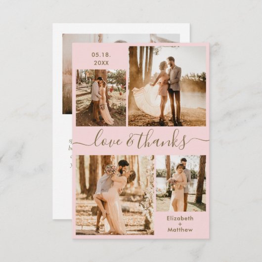 Liebe und dank Script Pink Gold Collage Hochzeit Dankeskarte (Vorne/Hinten)