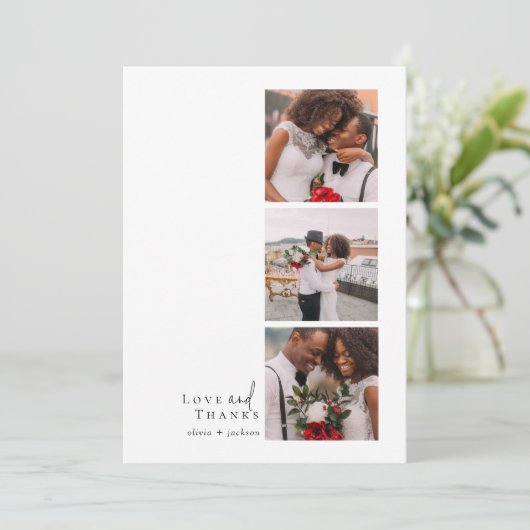 Liebe und Dank Script Triptych Foto Wedding Dankeskarte (Stehend Vorderseite)