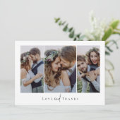 Liebe und Dank Script Triptych Foto Wedding Dankeskarte (Stehend Vorderseite)