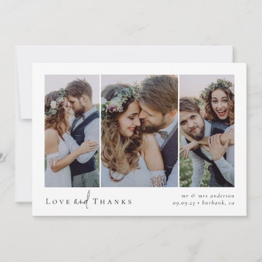 Liebe und Dank Script Triptych Foto Wedding Dankeskarte (Vorderseite)