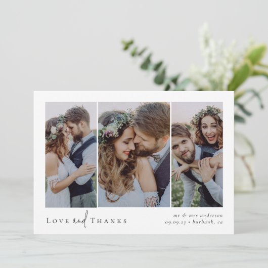 Liebe und Dank Script Triptych Foto Wedding Dankeskarte (Stehend Vorderseite)
