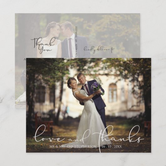 Liebe und Dank Script Zwei-Foto Hochzeit Postkarte (Vorne/Hinten)