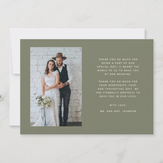 Liebe und Dank Simple Wedding Foto Sage Green Dankeskarte (Rückseite)
