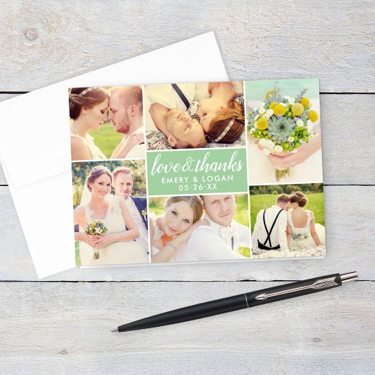 Liebe und Dank Spring Green Wedding Foto Collage Dankeskarte