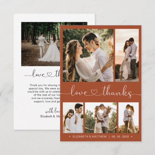 Liebe und Dank Terracotta Script Foto Wedding Dankeskarte (Vorne/Hinten)