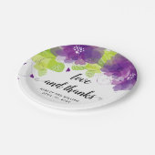 Liebe und dank violetter Blumen, Blumenhochzeit Pappteller (Schrägansicht)