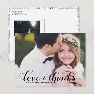 Liebe und Dank Whimsical Script Foto Hochzeit Postkarte