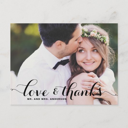 Liebe und Dank Whimsical Script Foto Hochzeit Postkarte (Vorderseite)