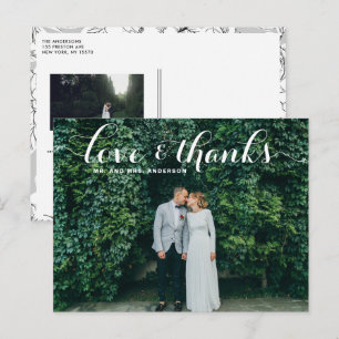 Liebe und Dank Whimsical Script Foto Hochzeit Postkarte