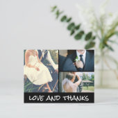 Liebe und Dank White Script Drei Hochzeit Foto Postkarte (Stehend Vorderseite)