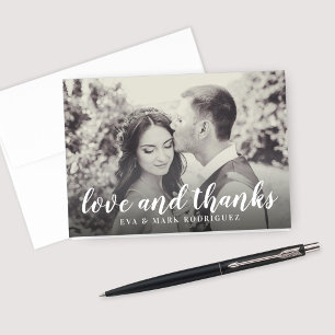 Liebe und Dank White Script Wedding Sepia Foto Dankeskarte