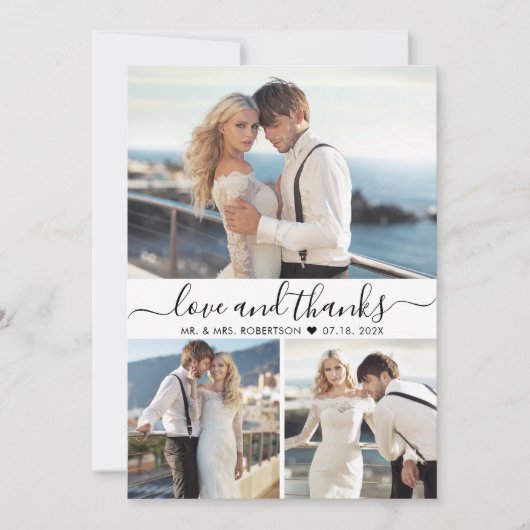 Liebe und Dankeschön Script 3 Foto Collage Wedding Dankeskarte (Vorderseite)