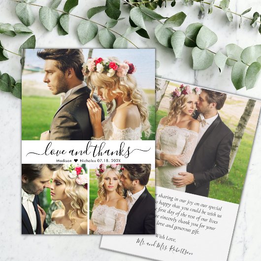 Liebe und Dankeschön Script 3 Foto Collage Wedding Dankeskarte
