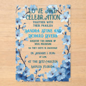 Liebe und Feiern in blauer Blume Acryleinladungen (Vorderseite)