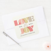 Liebe und Freude, die geo Typografie Hochzeit Quadratischer Aufkleber (Umschlag)