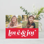 Liebe und Freude rotes Foto Feiertagskarte (Stehend Vorderseite)