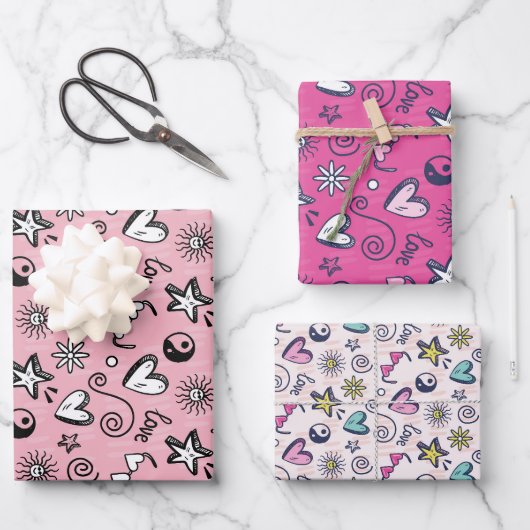 Liebe und Herzdoodle Rosa Muster Valentinstag Geschenkpapier Set (Vorderseite)