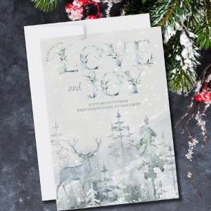 Liebe und Joy Snowy Winterwald und Stag Happy Feiertagskarte