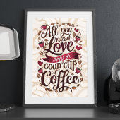 Liebe und Kaffeekonzept mit Herz- und Kaffeebohnen Poster