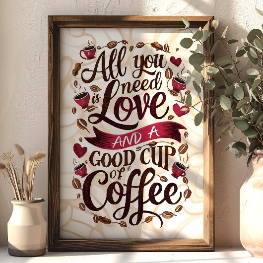 Liebe und Kaffeekonzept mit Herz- und Kaffeebohnen Poster