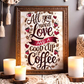Liebe und Kaffeekonzept mit Herz- und Kaffeebohnen Poster