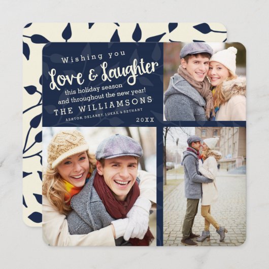 Liebe und Lachen Weihnachtsfotokarte / Navy Blue Einladung (Vorne/Hinten)