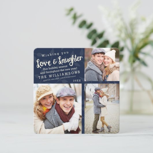 Liebe und Lachen Weihnachtsfotokarte / Navy Blue Einladung (Stehend Vorderseite)