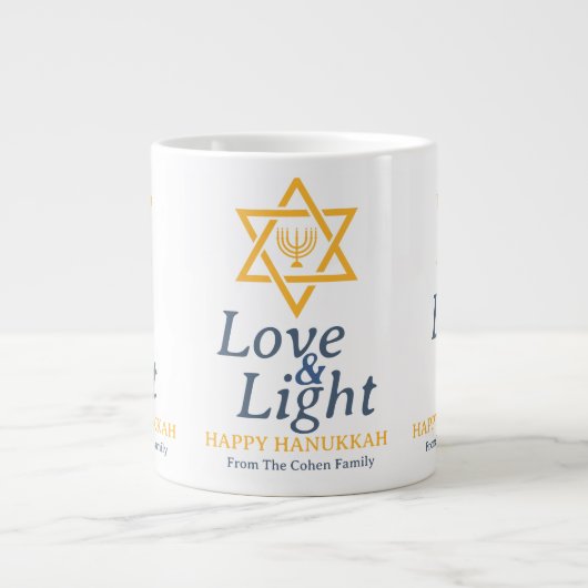 Liebe und Licht | Einfache Hanukkah-Familie Jumbo-Tasse (Vorderseite)